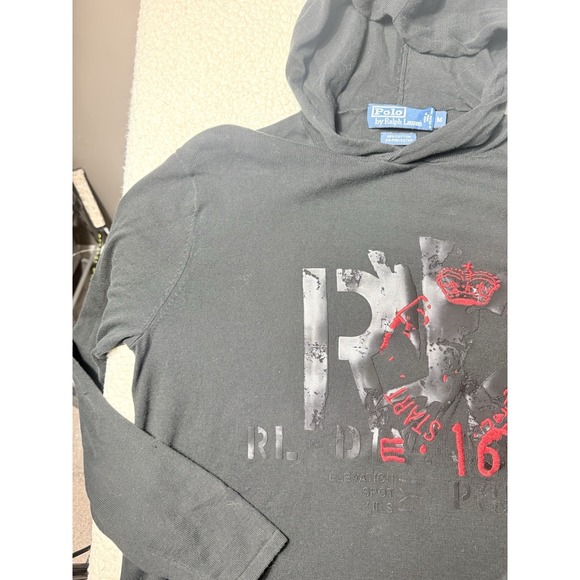 Ralph Lauren Polo Graphic Spell Out Red Logo Lightweight Black Hoodie Men M NICE - Picture 3 of 14